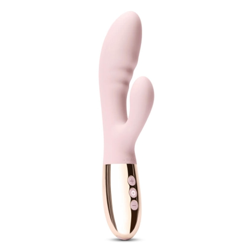 Rose gold rabbit vibrator with three control buttons.