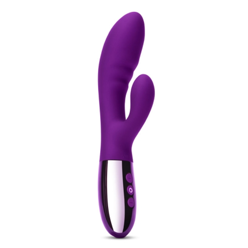Purple rabbit vibrator with silver base and three control buttons.