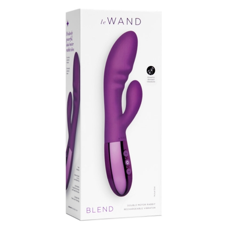 A purple Le Wand Blend rabbit vibrator on a white box.