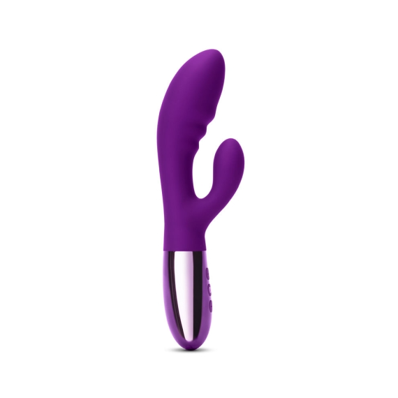 Purple rabbit vibrator with a silver base and three buttons.