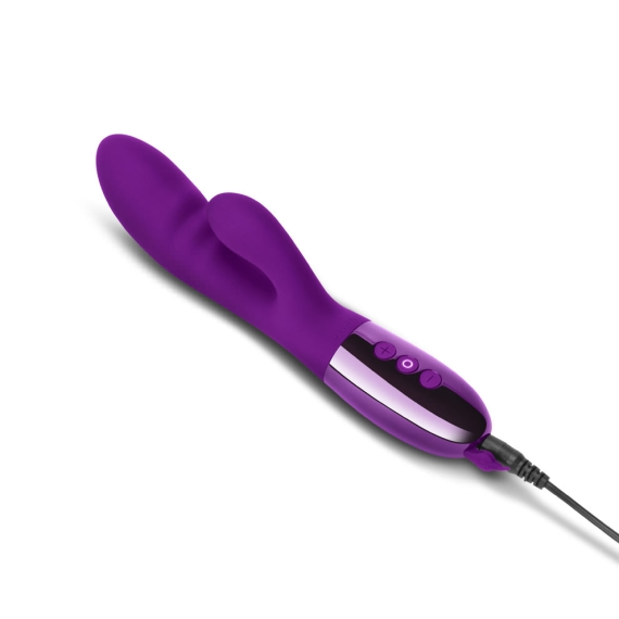 Purple rabbit vibrator with charging cable and control buttons.