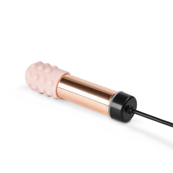 Rose gold bullet vibrator with a textured pink silicone sleeve.