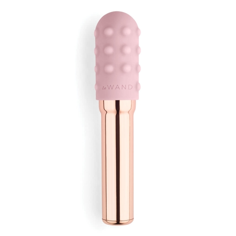 Rose gold rechargeable vibrator with a pink textured head.