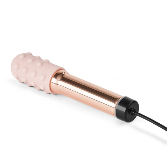 Rose gold rechargeable vibrator with a textured pink silicone sleeve.
