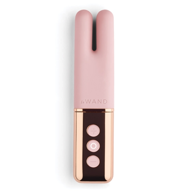 Rose gold and pink silicone mini vibe with three control buttons.