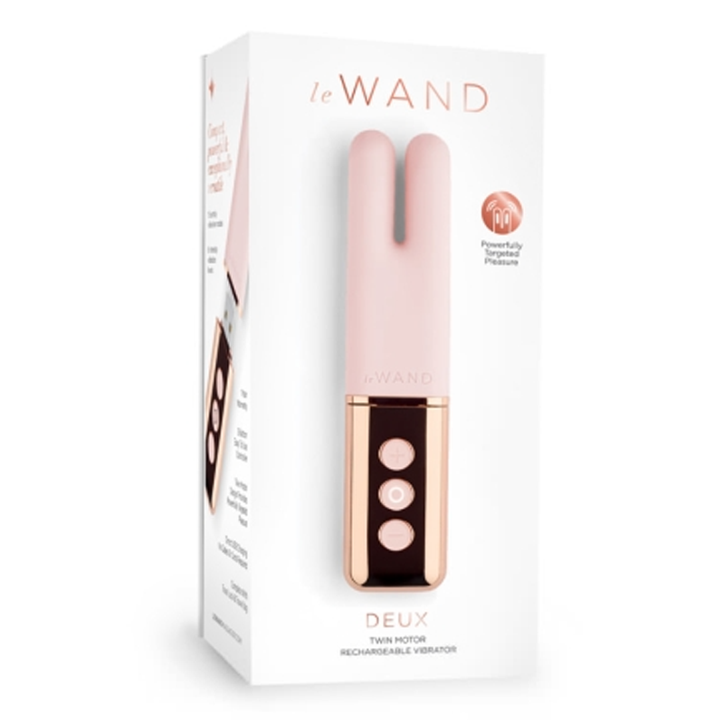 Rose gold Le Wand Deux mini vibrator with dual motors and three control buttons.