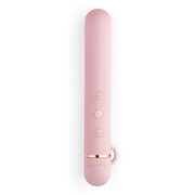A pink slim mini vibrator with rose gold accents and controls.