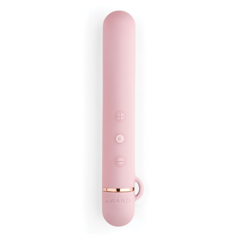 A pink slim mini vibrator with rose gold accents and controls.
