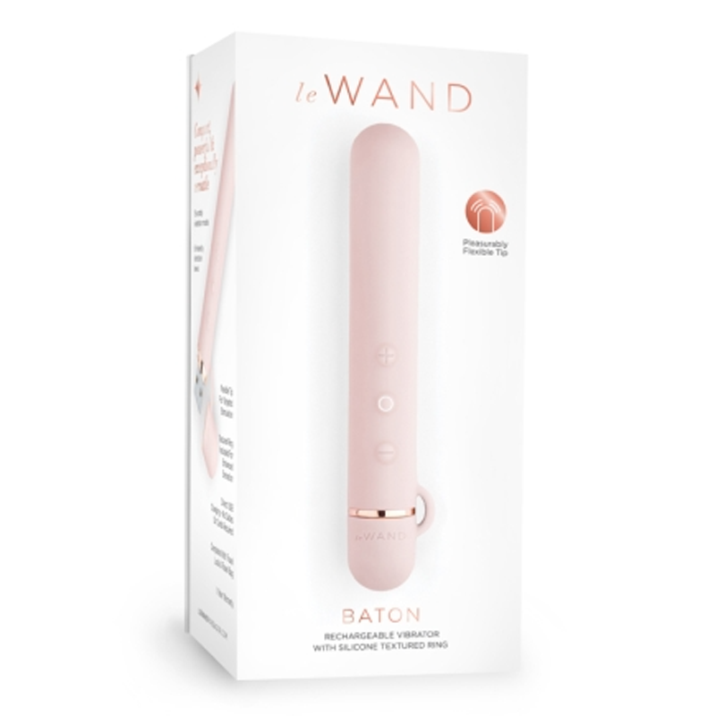 A pink Le Wand Baton rechargeable vibrator with a flexible tip.