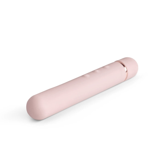 A pink slim vibrator with rose gold accents on a white background.