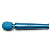 Blue rechargeable wand vibrator with a flexible head and three control buttons.