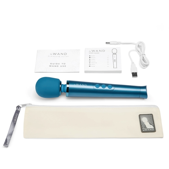 Blue rechargeable wand vibrator with user guides and charging cable.