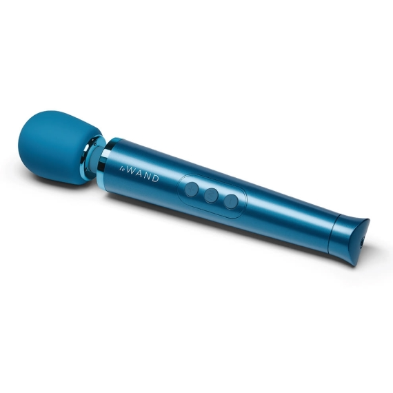 Blue rechargeable wand vibrator with a silicone head and three control buttons.