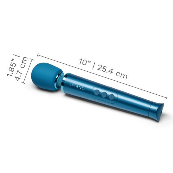 Blue rechargeable wand vibrator with dimensions labeled.