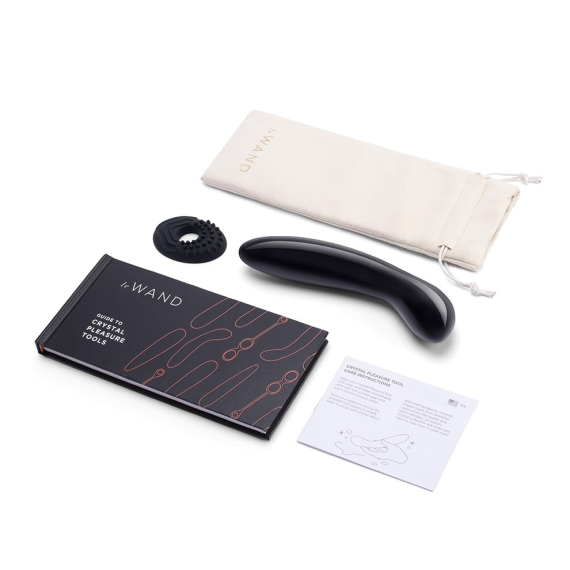 Black Obsidian G-spot wand with textured sleeve, guide, and storage bag.