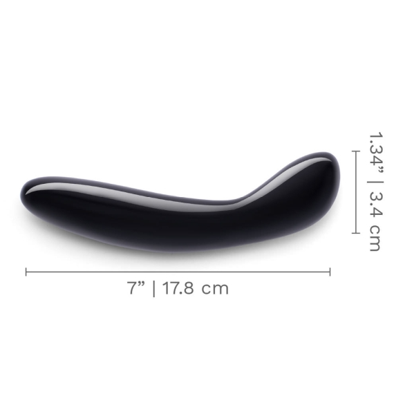 A black obsidian G-spot wand with dimensions indicated.