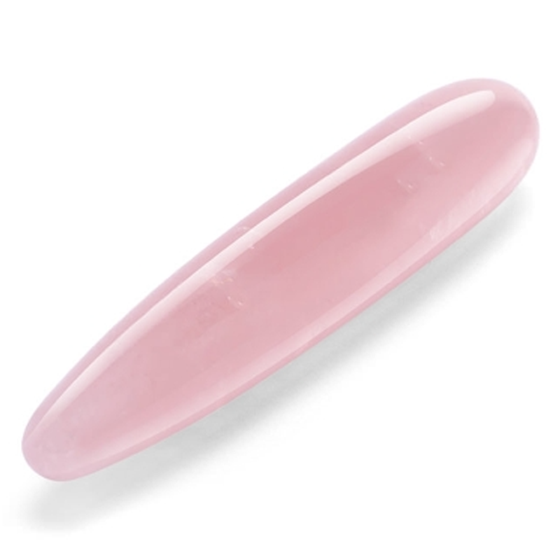 A pink rose quartz crystal wand with a slim, pointed shape.