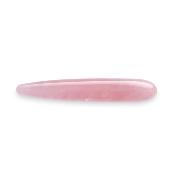 A pink rose quartz crystal slim wand with a pointed tip.