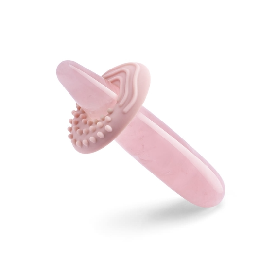 A pink rose quartz crystal wand with a textured silicone ring.