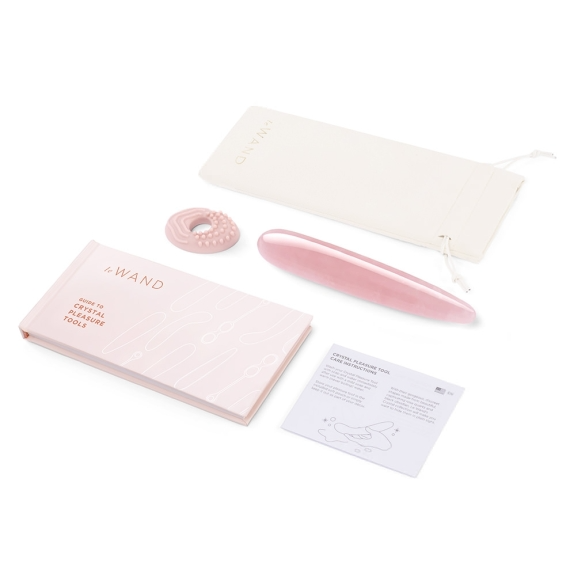 Rose Quartz Crystal Slim Wand beginner massager with textured ring and guide.