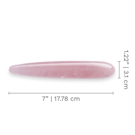 A pink rose quartz crystal wand with dimensions indicated.