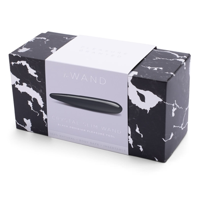 Black obsidian crystal slim wand massager in its packaging.