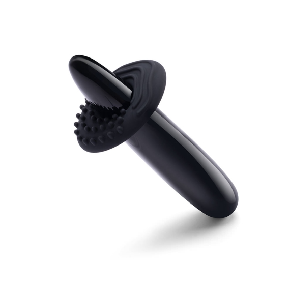 Black obsidian slim wand massager with textured silicone ring.