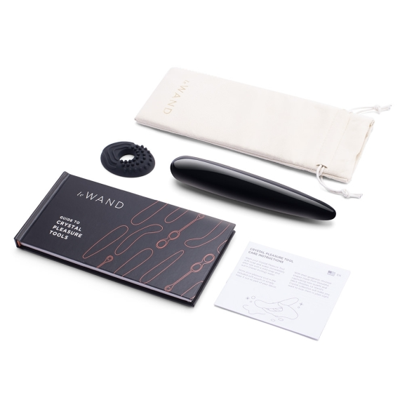 Black Obsidian Crystal Slim Wand Massager with guide and accessories.