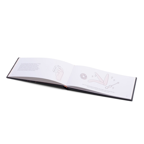 An open book with illustrations of hands, a donut, and a body part.