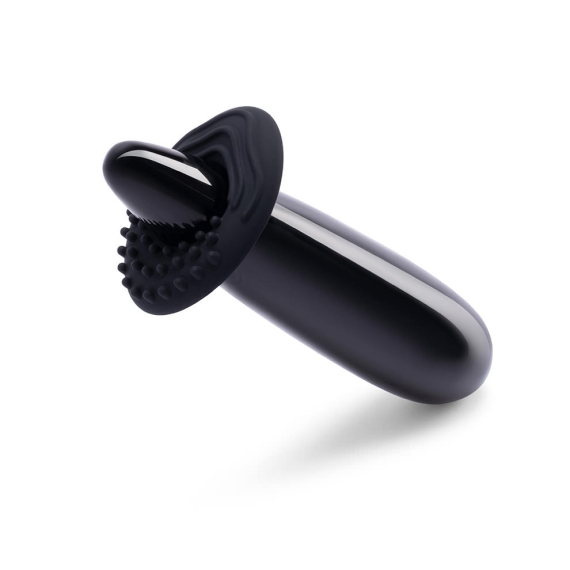 Black obsidian wand with textured silicone ring for dual stimulation.