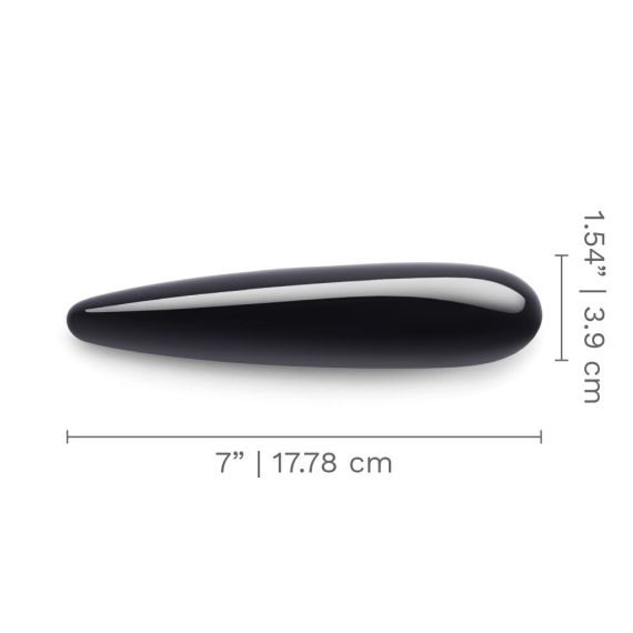 Black obsidian crystal wand with dimensions labeled.
