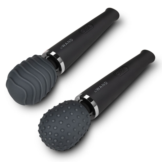 Two black Le Wand massagers with textured silicone attachments.