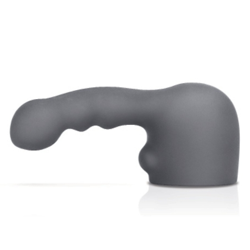 A grey silicone wand attachment with a textured tip and curved handle.