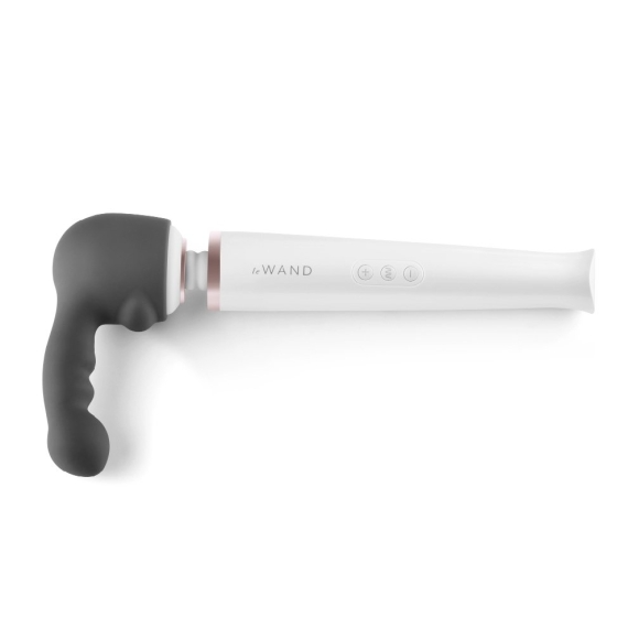 A white and gray Le Wand massager with rose gold accents and buttons.