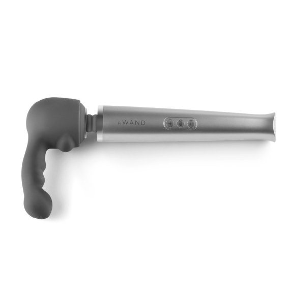 A grey silicone wand attachment with a textured head and a silver handle with buttons.