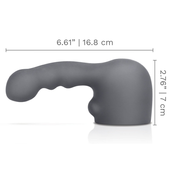A grey silicone wand attachment with textured bumps and a bulbous head.