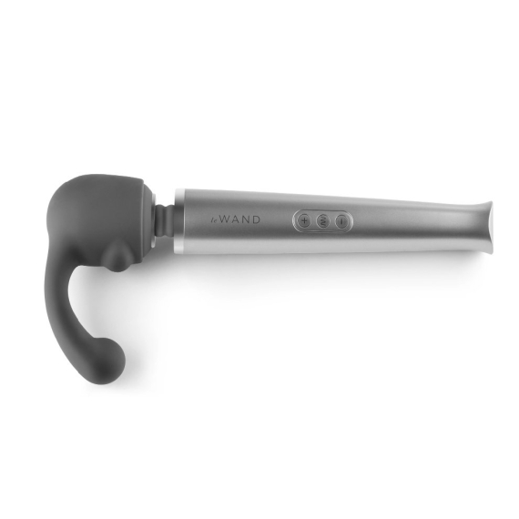 A silver Le Wand with a grey silicone attachment.