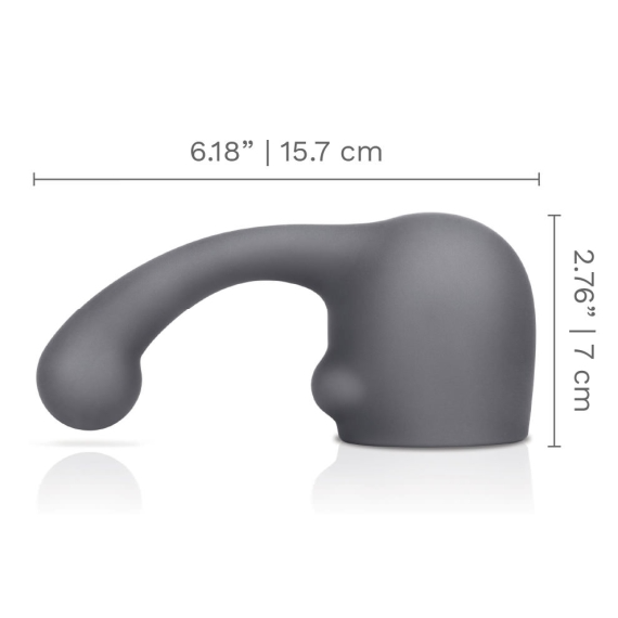 A grey silicone wand attachment with a curved tip and bulbous head.