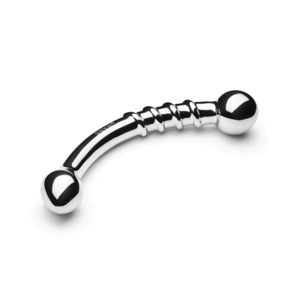 Curved stainless steel wand with a ridged section and two bulbous ends.