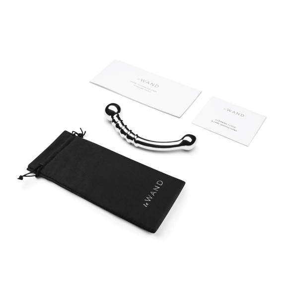Curved stainless steel wand with a black pouch and two instruction cards.