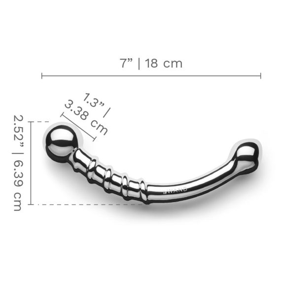 Curved stainless steel wand with bulbous and ridged ends, measuring 7 inches long.