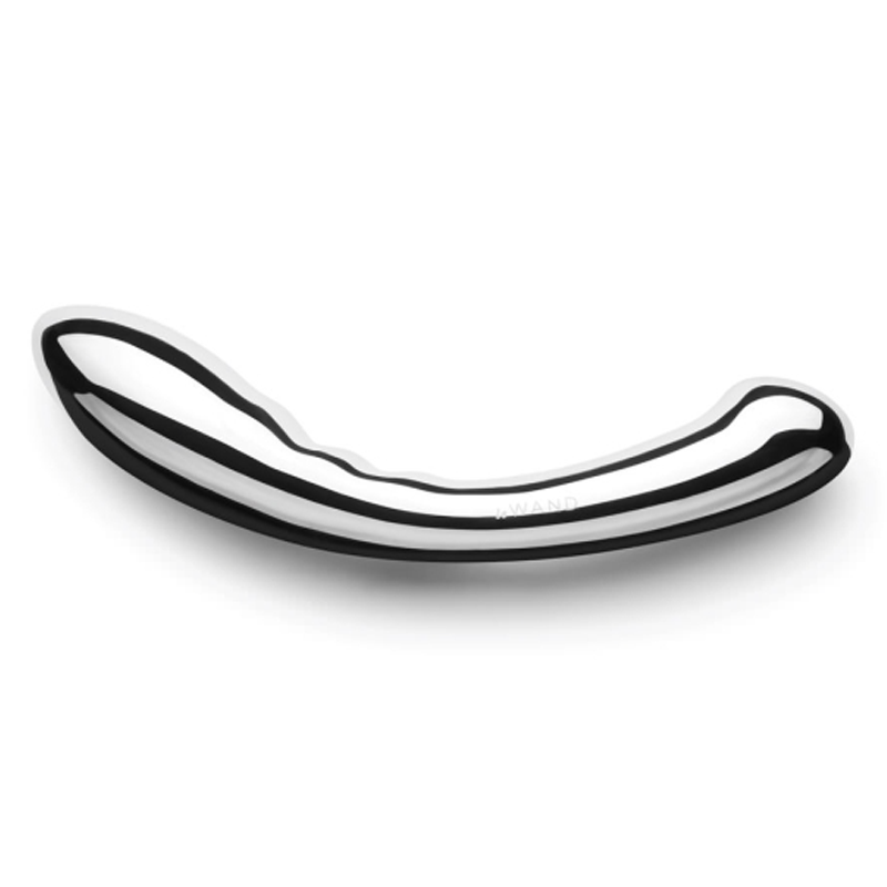 Curved stainless steel double-ended massager with a rippled bulbous end and a flattened tip.