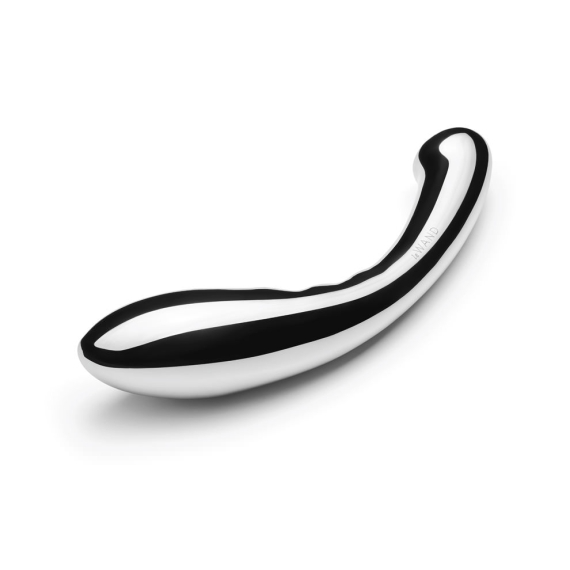 Curved, double-ended stainless steel massager with a rippled bulbous end and a flattened tip.
