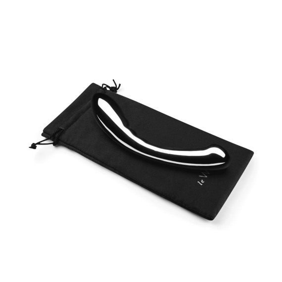 Curved stainless steel G-spot wand with a black storage pouch.