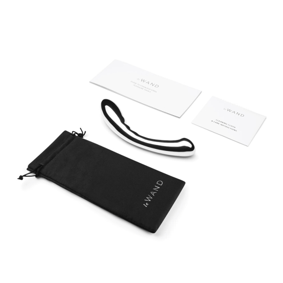 Arch stainless steel G-spot wand with a black storage pouch and instruction cards.