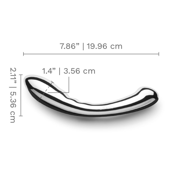 Curved stainless steel G-spot wand with dimensions indicated.