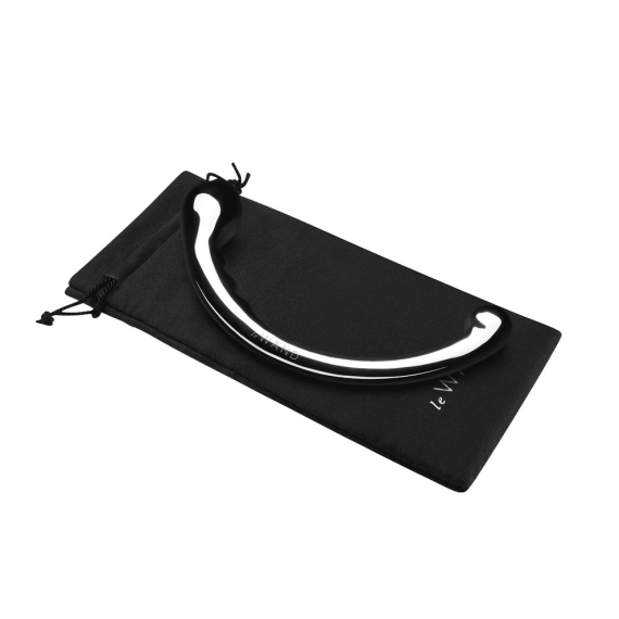 Stainless steel G-spot and P-spot wand with a curved shape and a black pouch.