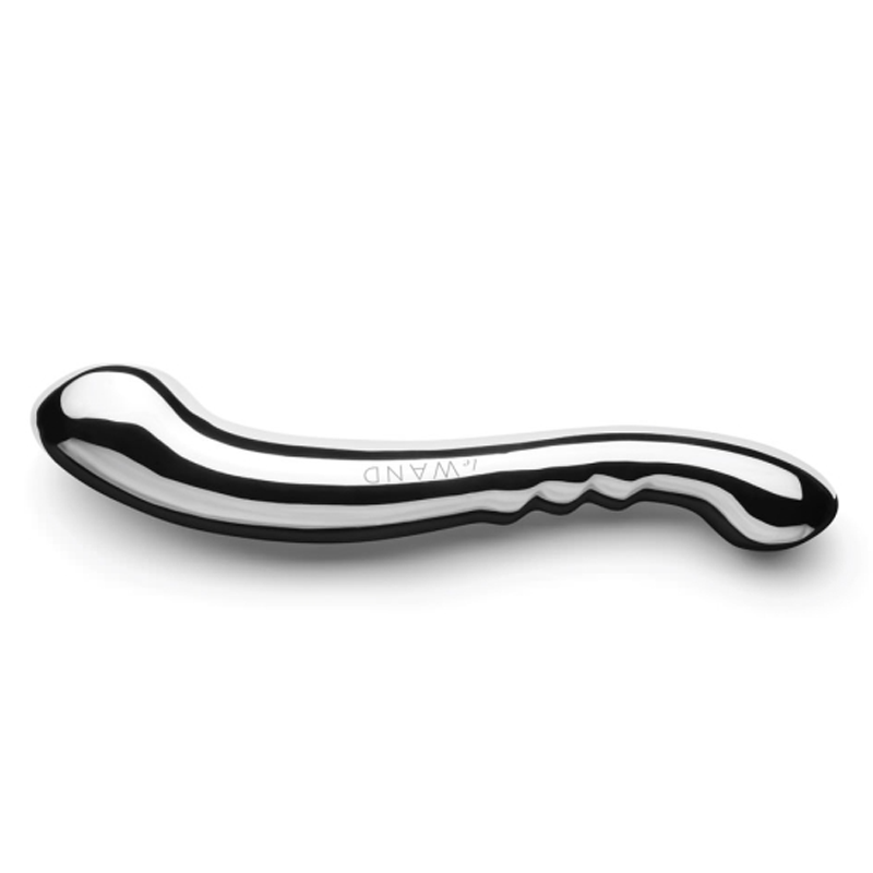 A polished stainless steel body wand with a curved handle.