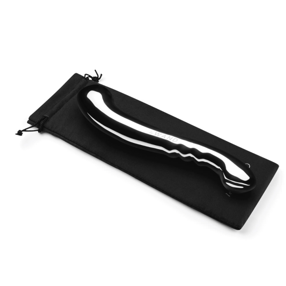 A shiny stainless steel body wand with a black pouch.