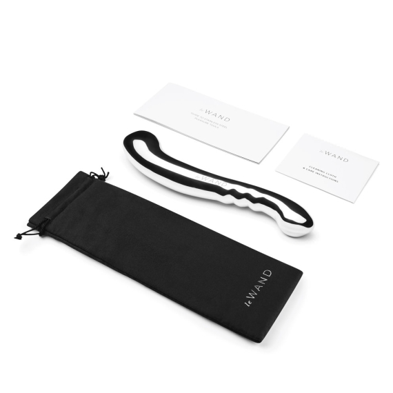 A stainless steel body wand with a black storage pouch and two instruction cards.